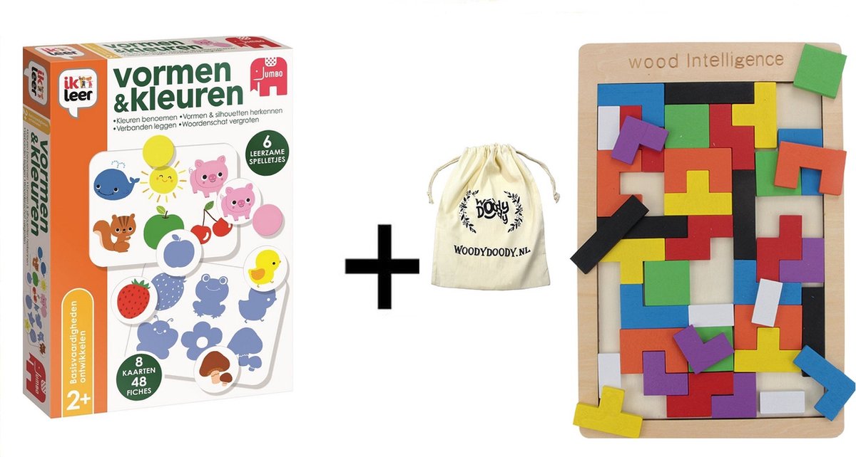 Ik leer Vormen Kleuren met WoodyDoody Houten Tetris Spel Opbergtas Actie Set Voordeel Pakket