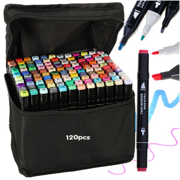 Ikonka 120 stuks Dubbelzijdige Alcoholmarkers - Markerset 120 - Alcohol Markers in Etui - Professionele Markerset