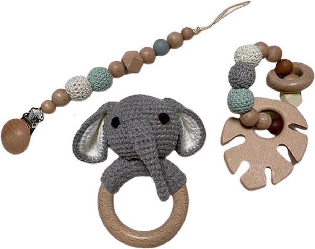 IL BAMBINI Set: Rammelaar, Bijtring & Speenkoord - Grijze Olifant - Handgemaakt - Hout & Wol - Babycadeau - Kraamcadeau