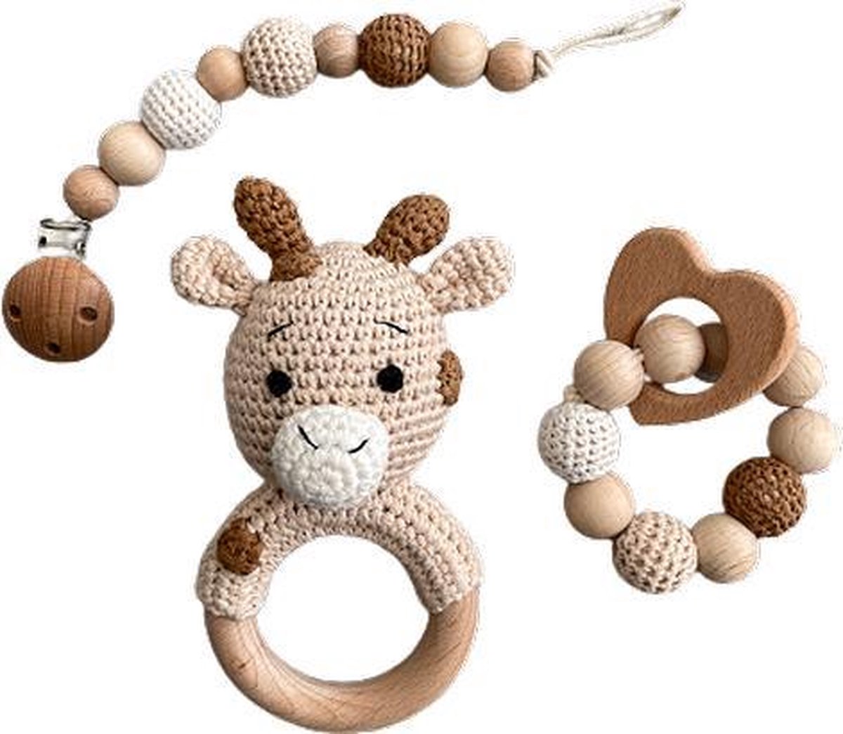 IL BAMBINI set: Rammelaar, Bijtring & Speenkoord - Bruine giraffe - Handgemaakt - Hout & Wol - Babycadeau - Kraamcadeau - Baby bijtspeelgoed 0-2 jaar