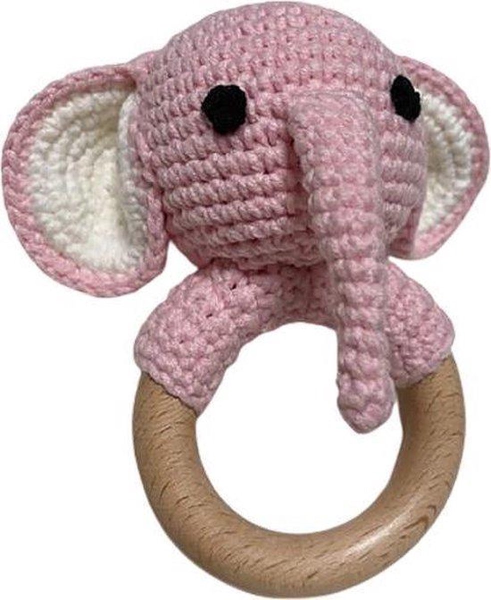 Olifantje houten rammelaar & bijtring in 1 - Roze Olifant - Handgemaakt - Hout & Wol - Babycadeau - Kraamcadeau