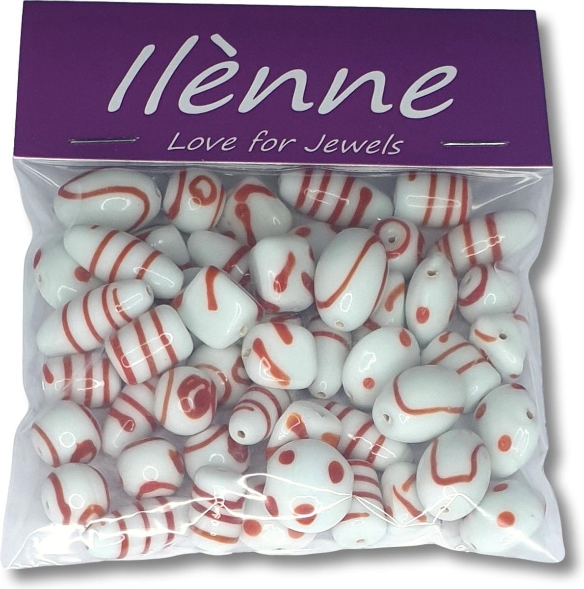 Ilènne - Glaskralen mix - Wit met rood - 12 tot 22 mm - 125 gram - Kralen hobby volwassenen