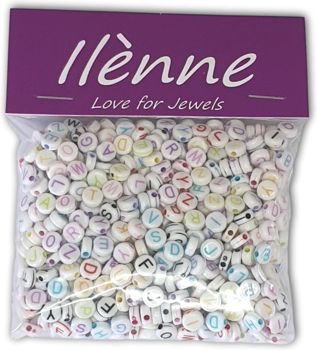 Ilènne - Letterkralen - witte kralen gekleurde letters mix - Acryl - 7 mm - ca. 750 stuks