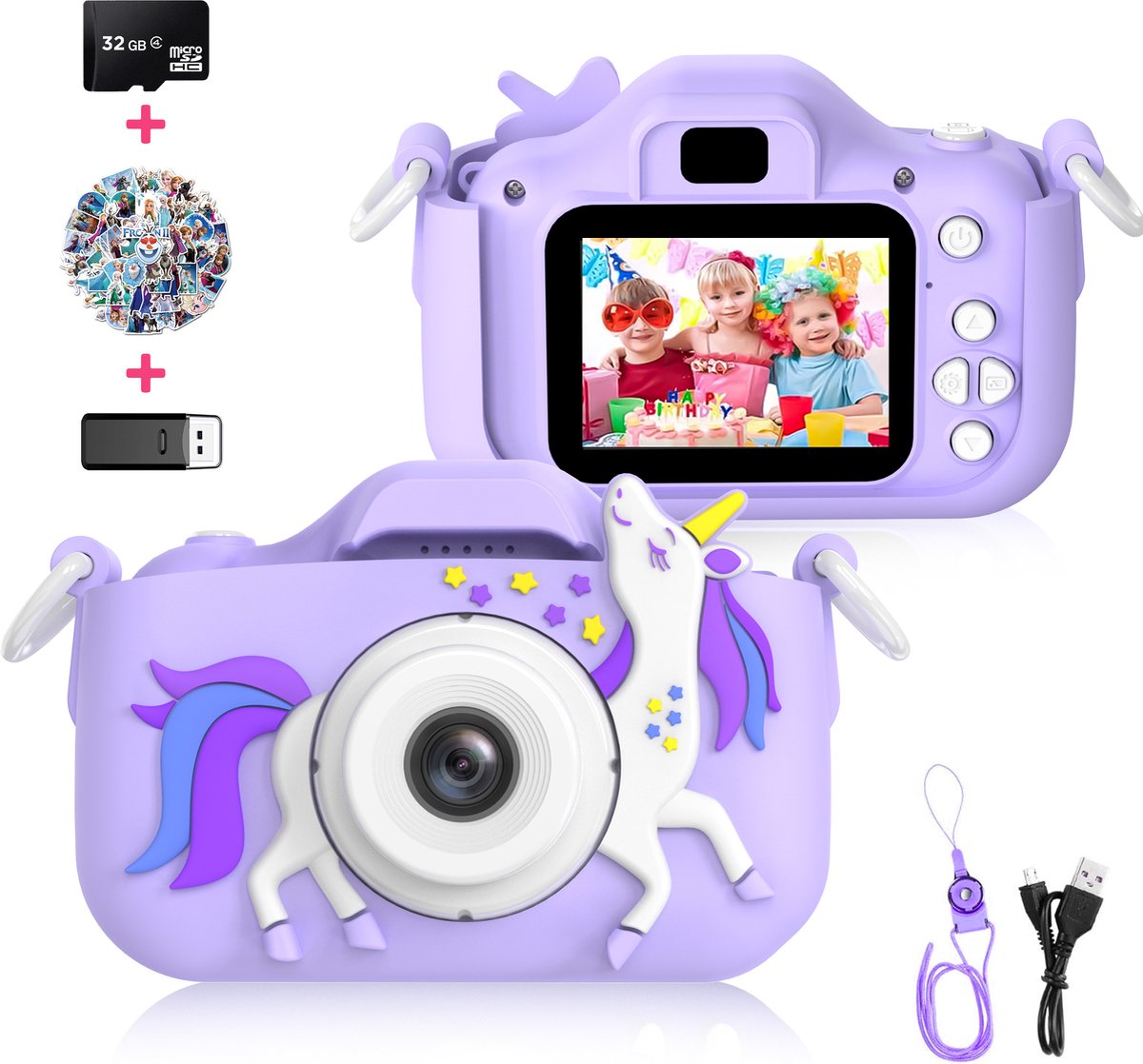 Ilona® Digitale Kindercamera HD 1080p inclusief stickervel - 32GB micro sd kaart - Fototoestel Voor Kinderen - Unicorn Paars