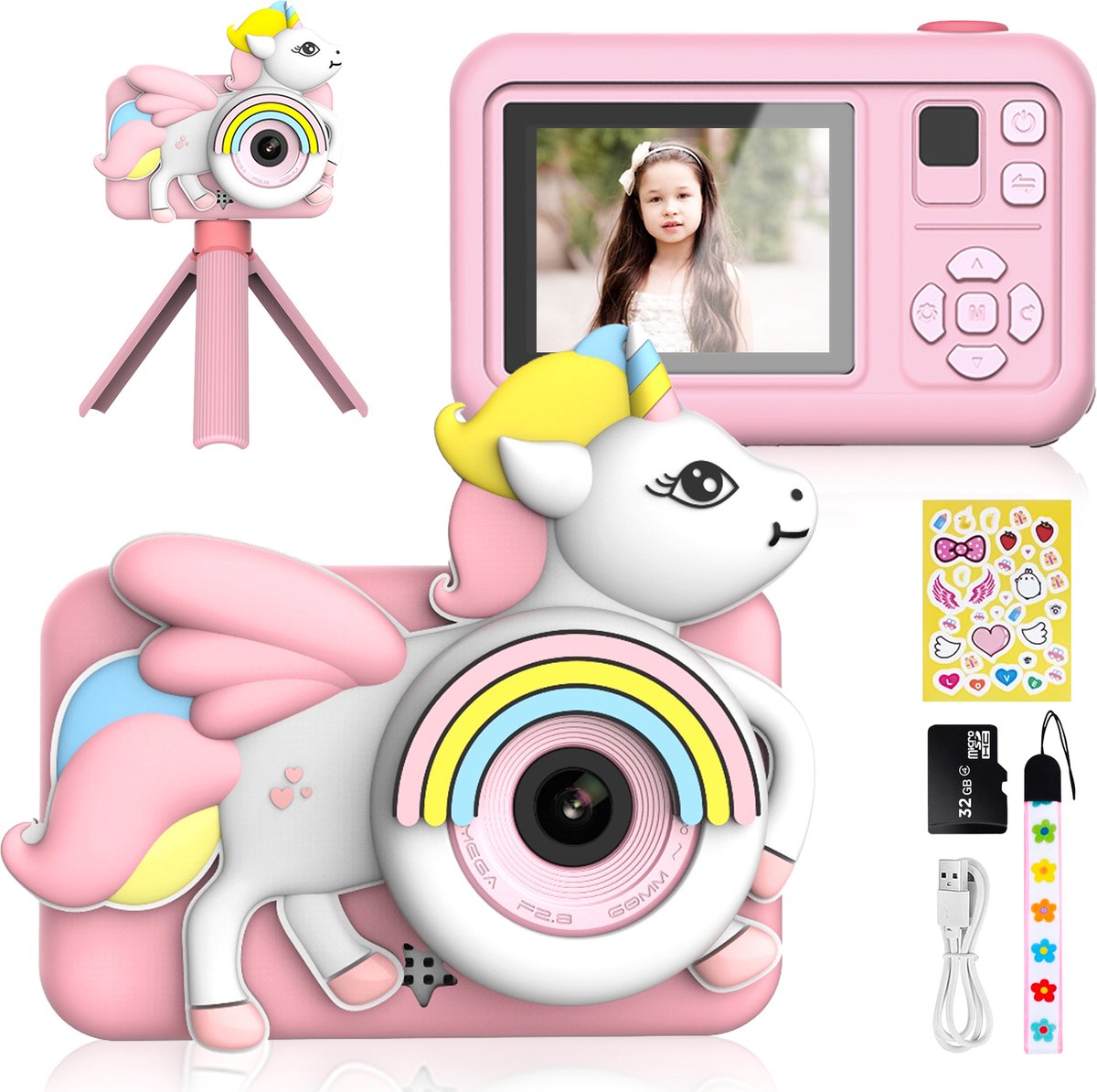  ® Digitale Kindercamera HD 1080p – Vlogcamera met Tripod, Stickervel en Selfie Camera – Speelgoed Fotocamera voor Kinderen – Inclusief 32GB microSD Kaart – Unicorn Roze Kinderfototoestel voor Foto’s en Video’s