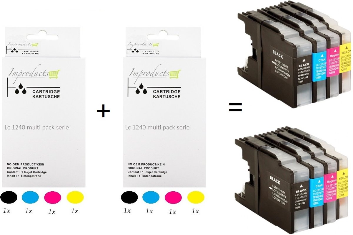 Improducts® Huismerk Inktcartridge Alternatief Brother LC1220 LC1240 / LC-1220 LC-1240 / 1220 1240  Inktcartridges Multipack van 2x 4 Stuks (2x LC1220 1240 BK zwart, 2x  LC1220 1240 C cyaan, 2x LC1220 1240 M magenta, 2x LC1220 1240 Y geel)