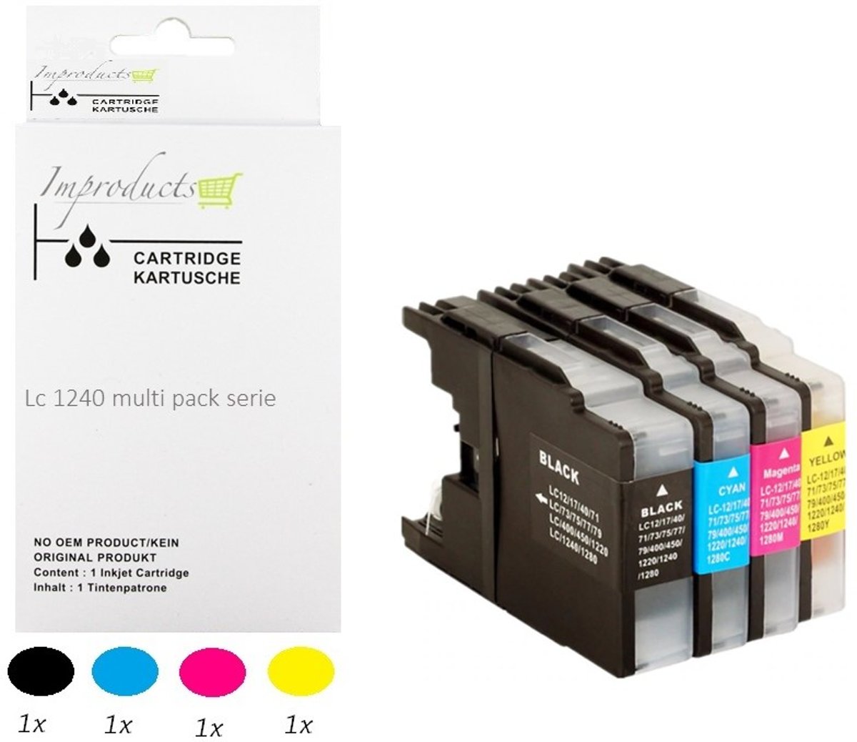 Improducts® Huismerk Inktcartridge Alternatief Brother LC1220 LC1240 / LC-1220 LC-1240 / 1220 1240  Inktcartridges Multipack van 4 Stuks (1x LC1220 1240 BK zwart, 1x LC1220 1240 C cyaan, 1x LC1220 1240 M magenta, 1x LC1220 1240 Y geel)