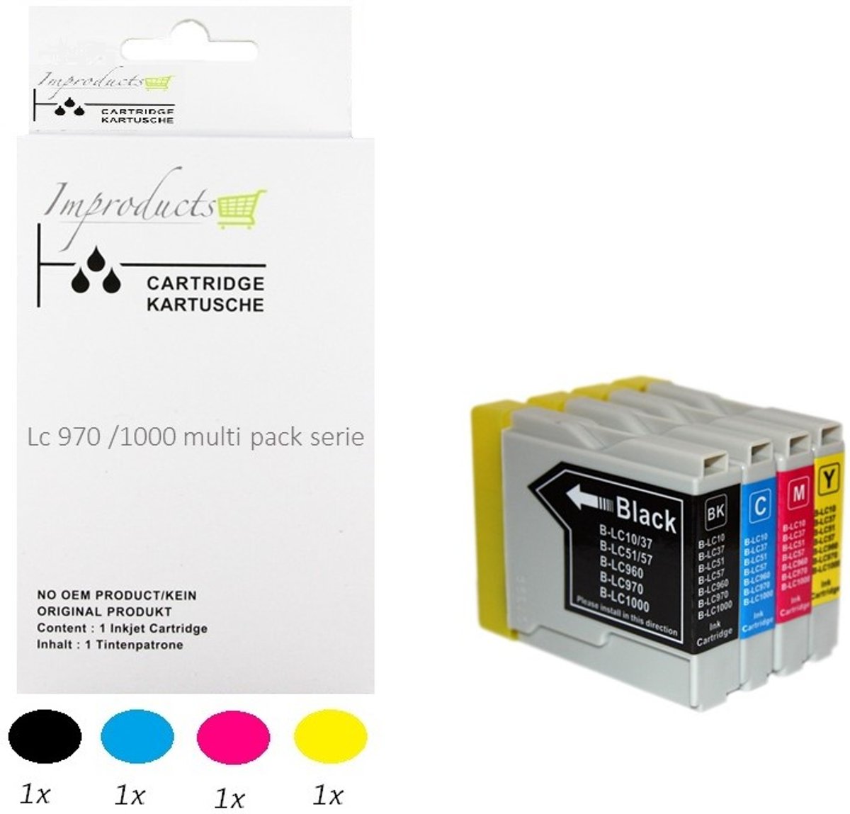 Improducts® Huismerk Inktcartridge Alternatief Brother LC970 LC1000 / LC-970 LC-1000 / 970 1000  Inktcartridges Multipack van 4 Stuks (1x LC970 1000 BK zwart, 1x LC970 1000 C cyaan, 1x LC970 1000 M magenta, 1x LC970 1000 Y geel)