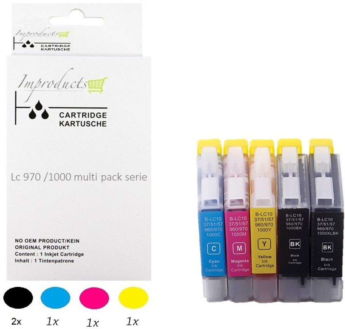 Improducts® Huismerk Inktcartridge Alternatief Brother LC970 LC1000 / LC-970 LC-1000 / 970 1000 Inktcartridges Multipack van 5 Stuks 2x LC970 1000 BK zwart, 1x LC970 1000 C cyaan, 1x LC970 1000 M magenta, 1x LC970 1000 Y geel