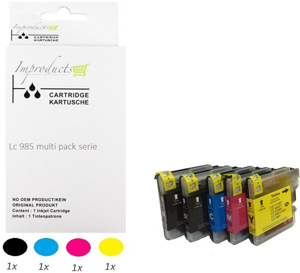 Improducts® Huismerk Inktcartridge Alternatief Brother LC985 / LC-985 / 985  Inktcartridges Multipack van 5 Stuks (2x LC985BK zwart, 1x LC985C cyaan, 1x LC985M magenta, 1x LC985Y geel)