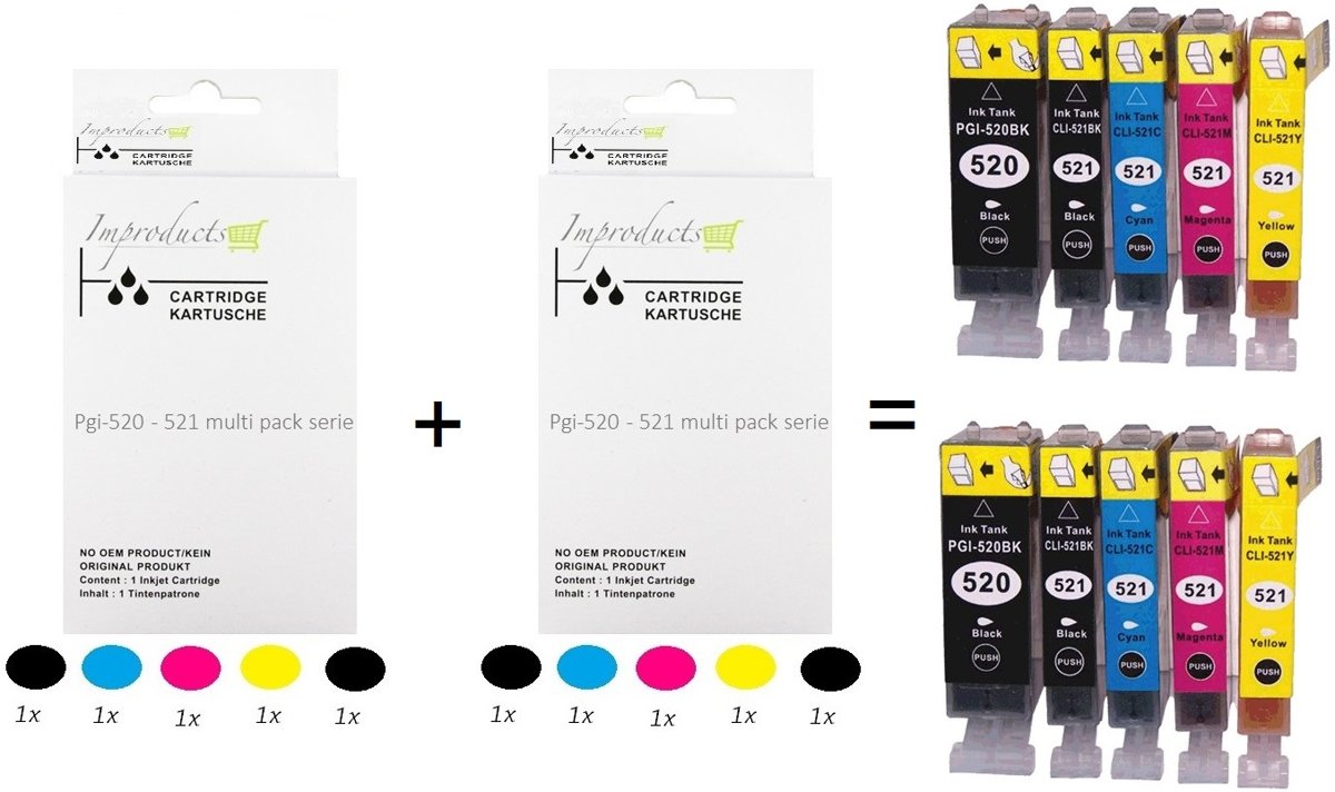 Improducts® Huismerk Inktcartridge Alternatief Canon PGI-520 / CLI-521 XL inktcartridge 2x Canon PGI-520 PGBK zwart, 2x Canon CLI521 BK zwart, 2x Canon CLI521 cyaan, 2x Canon CLI-521 M magenta, 2x Canon CLI-521 Y  met Chip 10 box