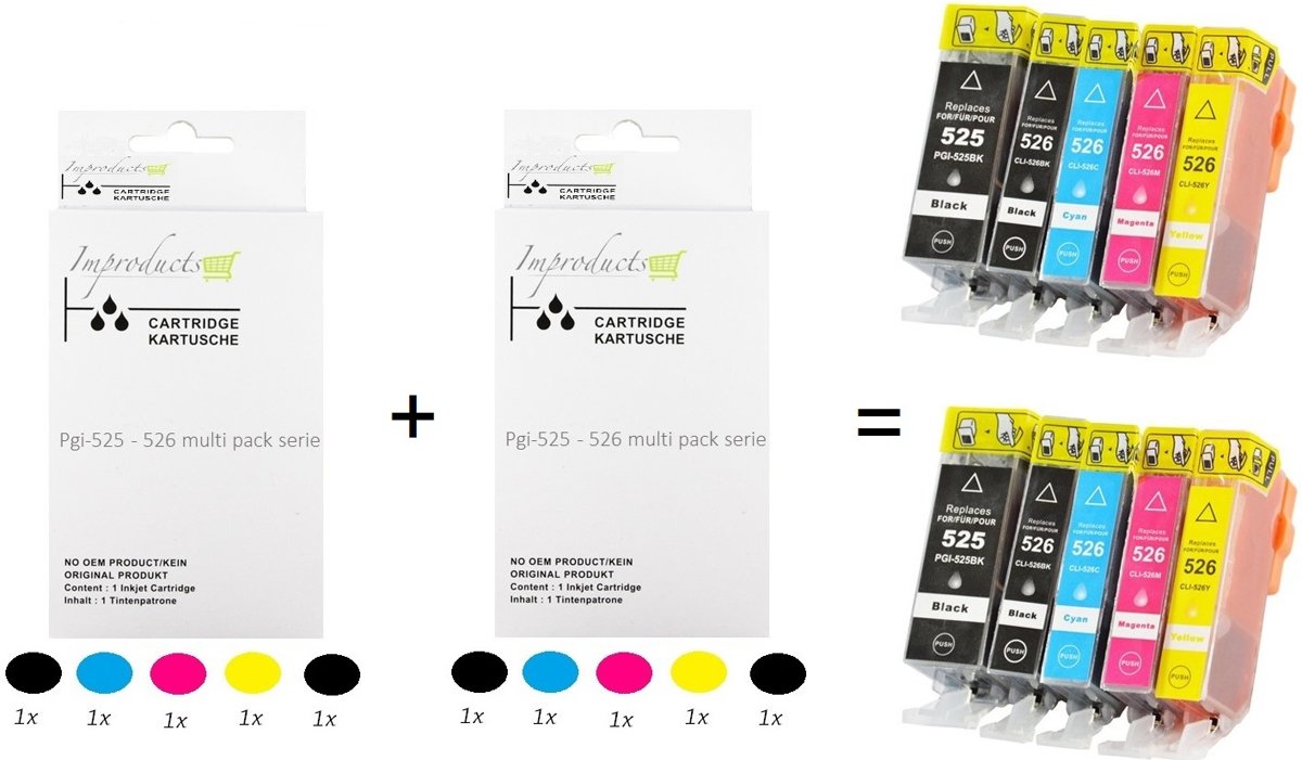 Improducts® Huismerk Inktcartridge Alternatief Canon PGI-525 / CLI-526 XL inktcartridge 2x Canon PGI-525 PGBK zwart, 2x Canon CLI526 BK zwart, 2x Canon CLI526 cyaan, 2x Canon CLI-526 M magenta, 2x Canon CLI-526 Y  met Chip 10 box