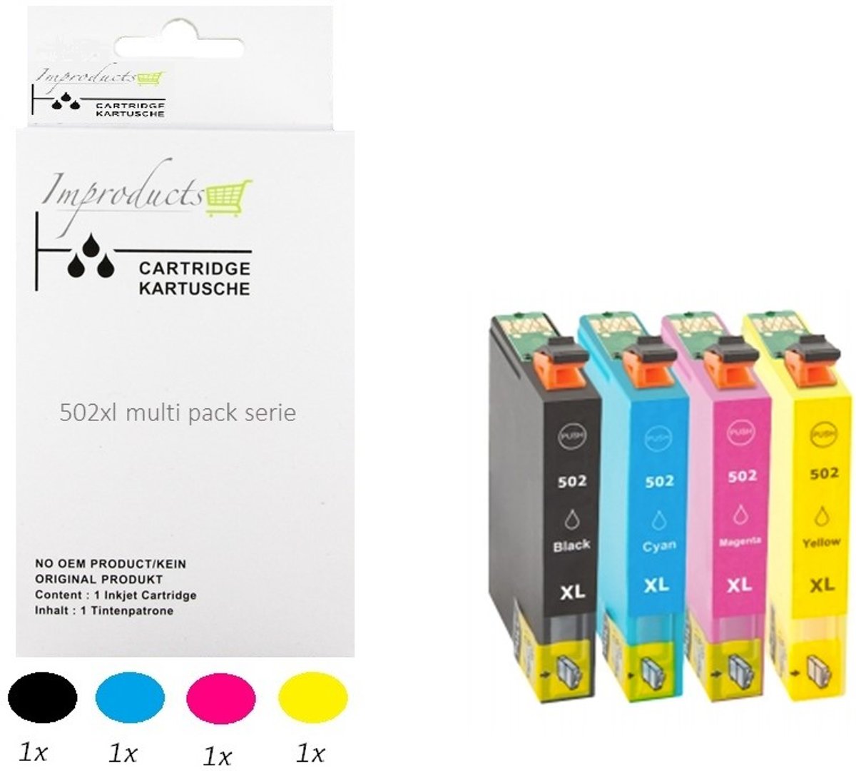 Improducts® Huismerk Inktcartridge Alternatief Epson 1x T502XL Zwart + 1x T502XL Cyaan + 1x T502XL Magenta +1x T502XL Geel = 1x complete set