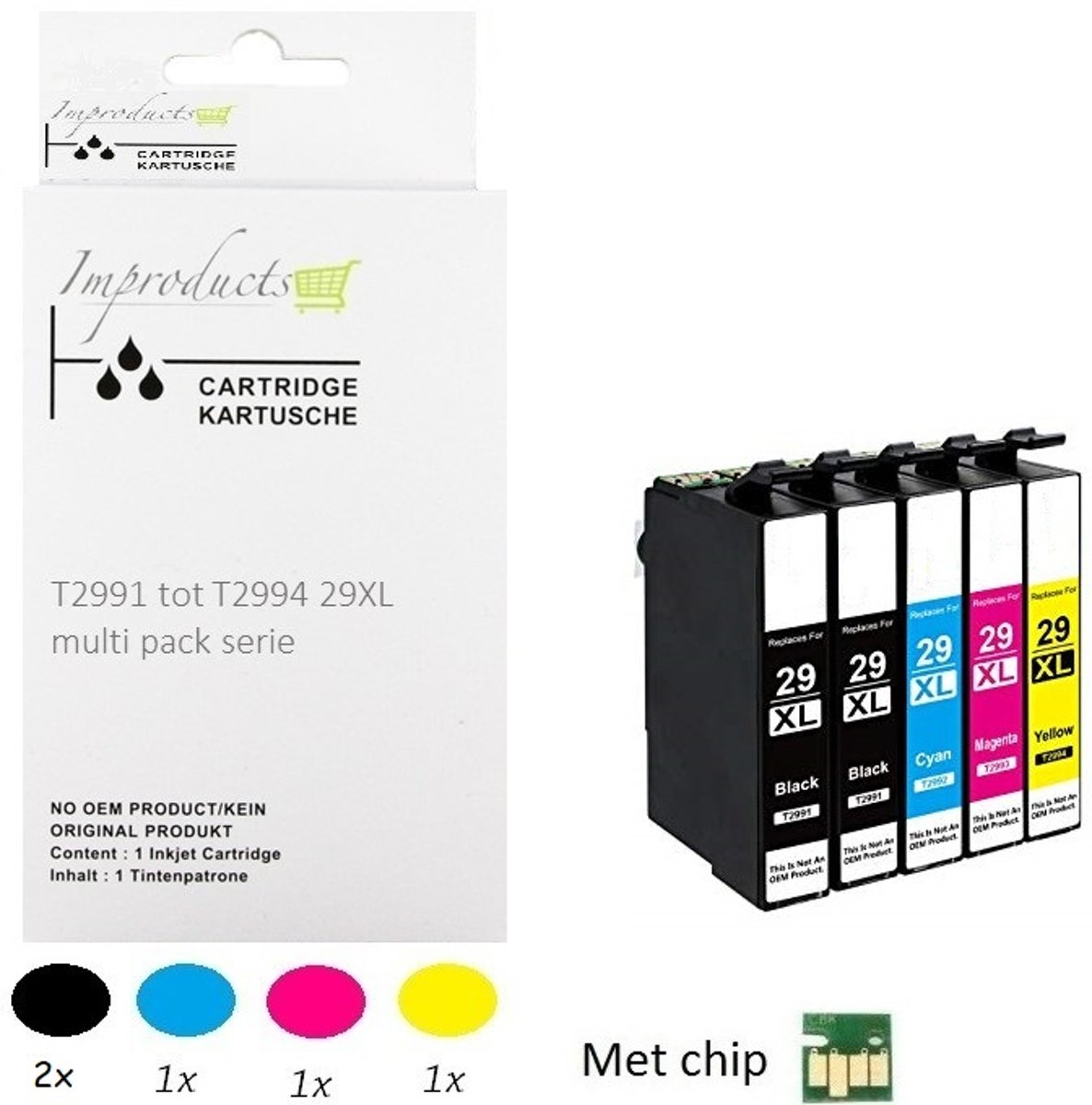 Improducts® Huismerk Inktcartridge Alternatief Epson 29XL multipack, 5 pack (2x T2991 zwart, 1x T2992 Cyaan, 1x T2993 Magenta, 1x T2994 Geel)