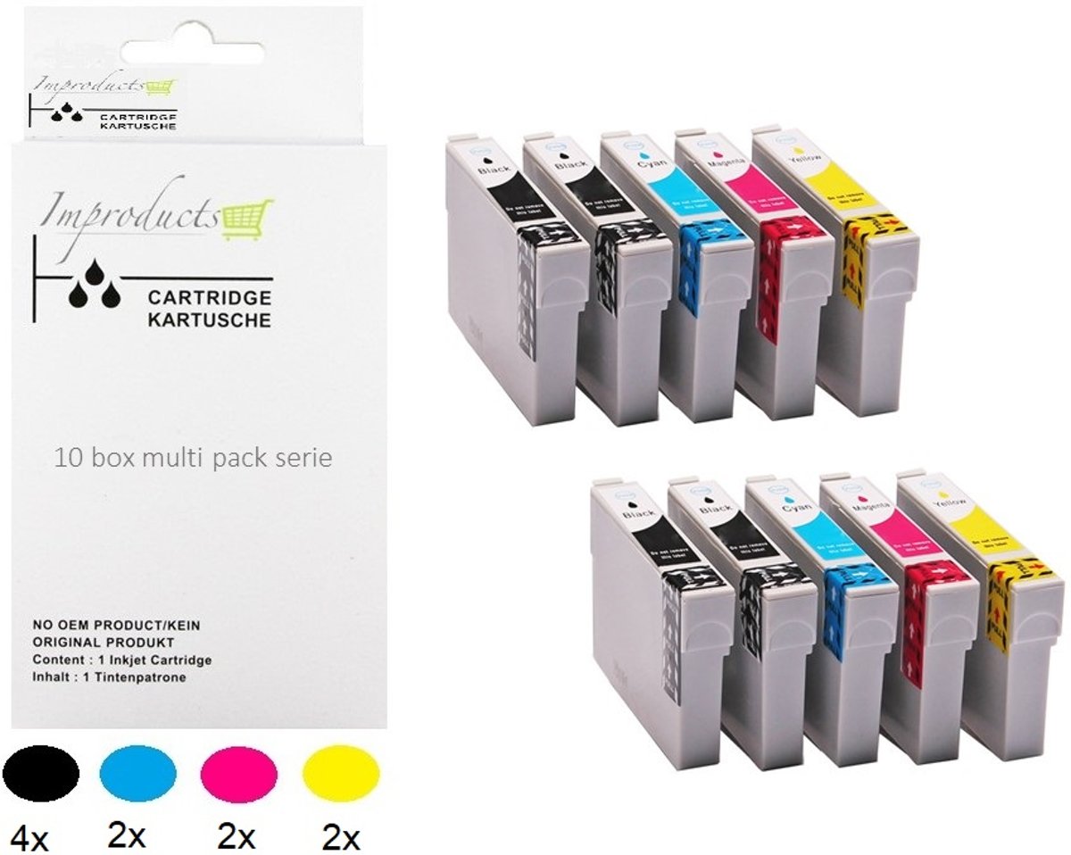 Improducts® Huismerk Inktcartridge Alternatief Epson T0715 2x Multipack + 2x extra zwart inktcartridges, 10 pack 4x zwart T0711, 2x cyaan T0712, 2x magenta T0713, 2x geel T0714