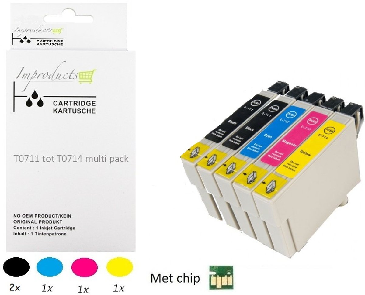 Improducts® Huismerk Inktcartridge Alternatief Epson T0715 Multipack + extra zwart inktcartridges, 5 pack 2x zwart T0711, 1x cyaan T0712, 1x magenta T0713, 1x geel T0714