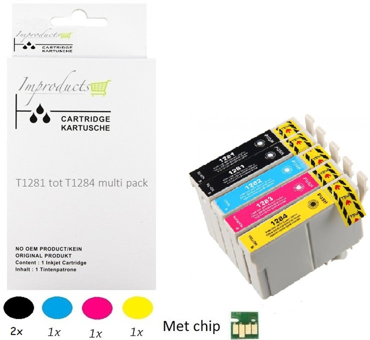 Improducts® Huismerk Inktcartridge Alternatief Epson T1285 + zwart inktcartridges, 5 pack (2x zwart T1281, 1x cyaan T1282, 1x magenta T1283, 1x geel T1284) = 1x Multipack + zwart