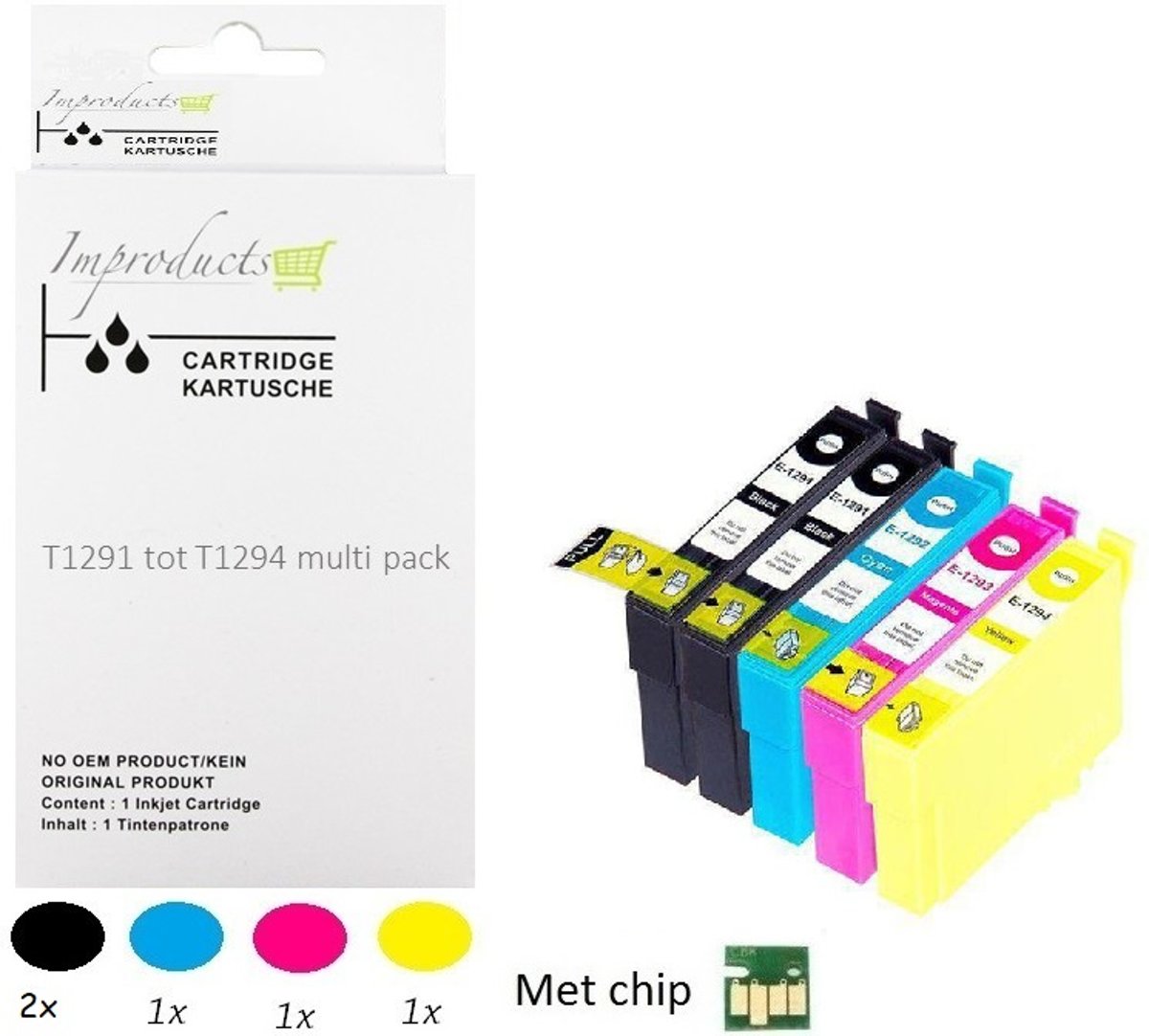 Improducts® Huismerk Inktcartridge Alternatief Epson T1295 Multipack + extra zwart inktcartridges, 5 pack 2x zwart T1291, 1x cyaan T1292, 1x magenta T1293, 1x geel T1294