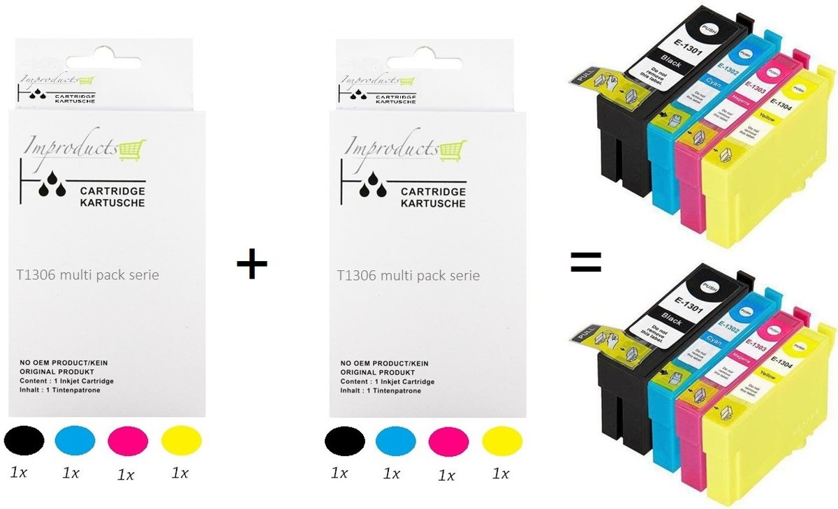 Improducts® Huismerk Inktcartridge Alternatief Epson T1306 inktcartridge 2x multipack, 8 pack cartridges (2x T1301 XXL zwart, 2x T1302 XL Cyaan, 2x T1303 XL Magenta, 2x T1304 XL Geel) = 2x set