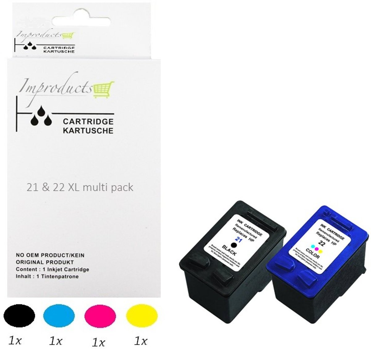 Improducts® Huismerk Inktcartridge Alternatief HP 21 XL en 22 XL - HP 21XL 22XL - Zwart C9351AE en Kleur C9352AE - 1 complete set