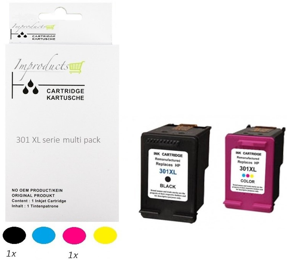 Improducts® Huismerk Inktcartridge Alternatief HP 301 en 301 XL - HP 301XL 301XL - Zwart CH563EE en Kleur CH564EE complete set kleur en zwart