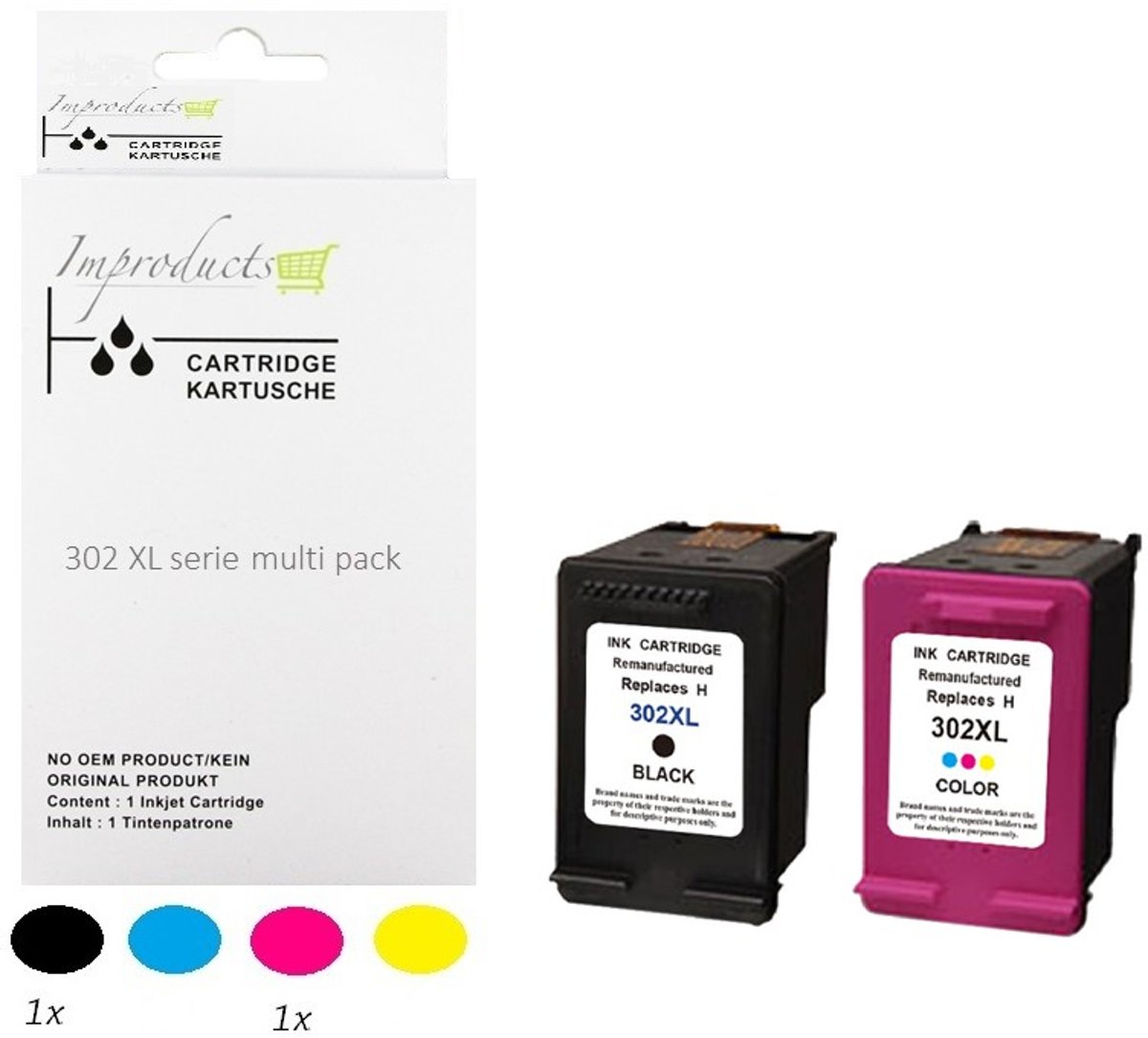 Improducts® Huismerk Inktcartridge Alternatief HP 302 en 302 XL - HP 302XL 302XL - Zwart F6U68AE en Kleur F6U67AE complete set kleur en zwart