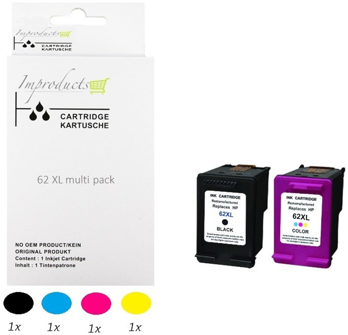 Improducts® Huismerk Inktcartridge Alternatief HP 62 XL - HP 62XL - Zwart C2P05AE en Kleur C2P07AE - 1x complete set