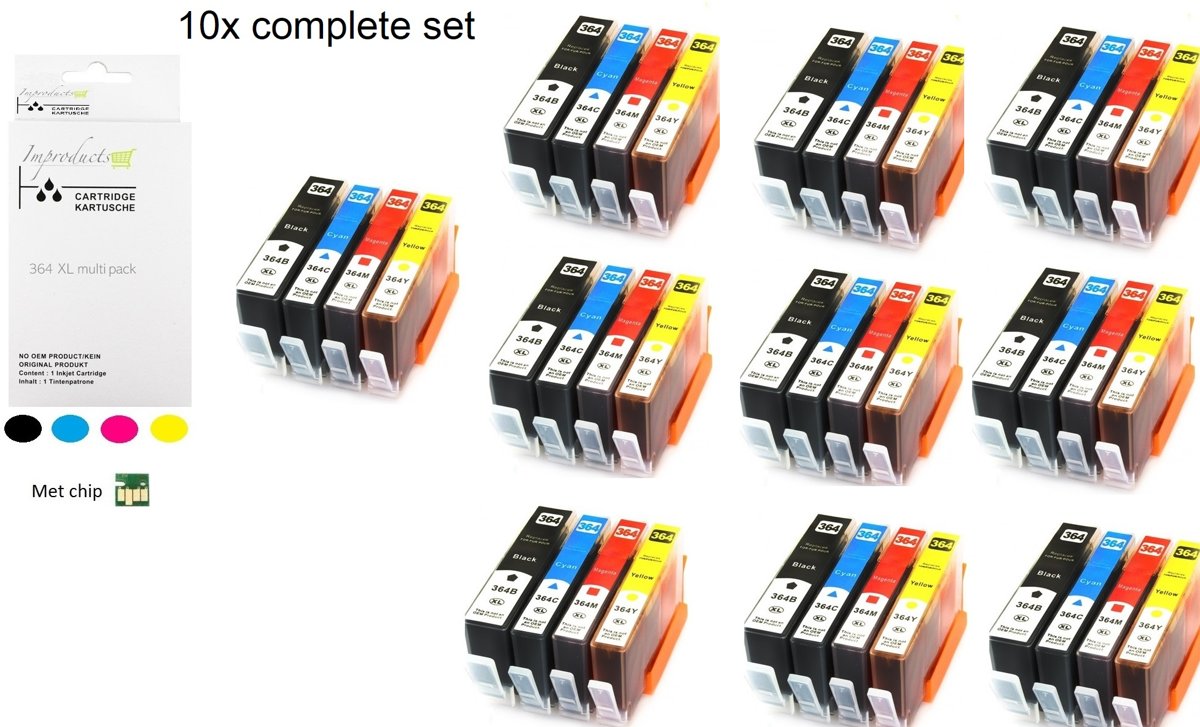 Improducts® Huismerk Inktcartridge Alternatief Hp 364 XL 364XL serie 10x SET van 4 cartridges 10x zwart 364xl 10x cyaan 364xl 10x magenta 364xl 10x geel 364xl MET Nieuwste CHIP - 10x set