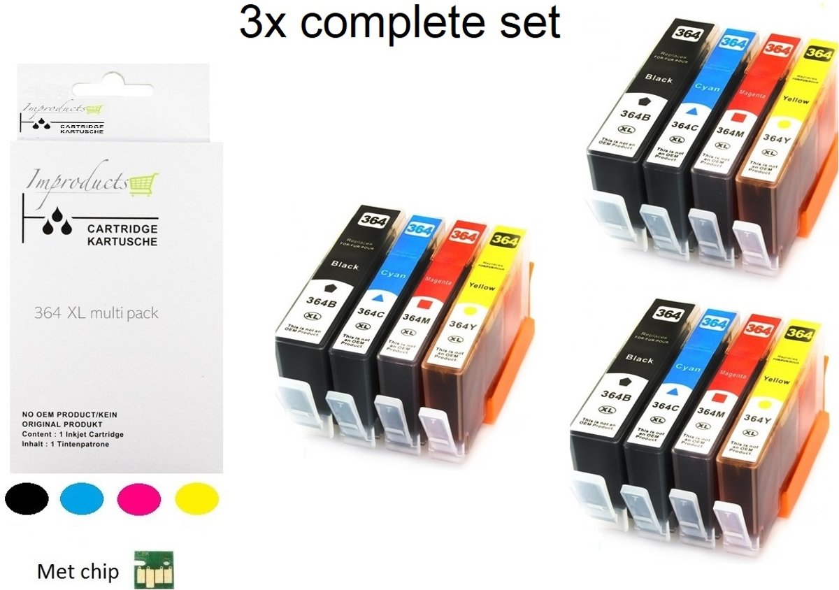 Improducts® Huismerk Inktcartridge Alternatief Hp 364 XL 364XL serie 3x SET van 4 cartridges 3x zwart 364xl 3x cyaan 364xl 3x magenta 364xl 3x geel 364xl MET Nieuwste CHIP - 3x set