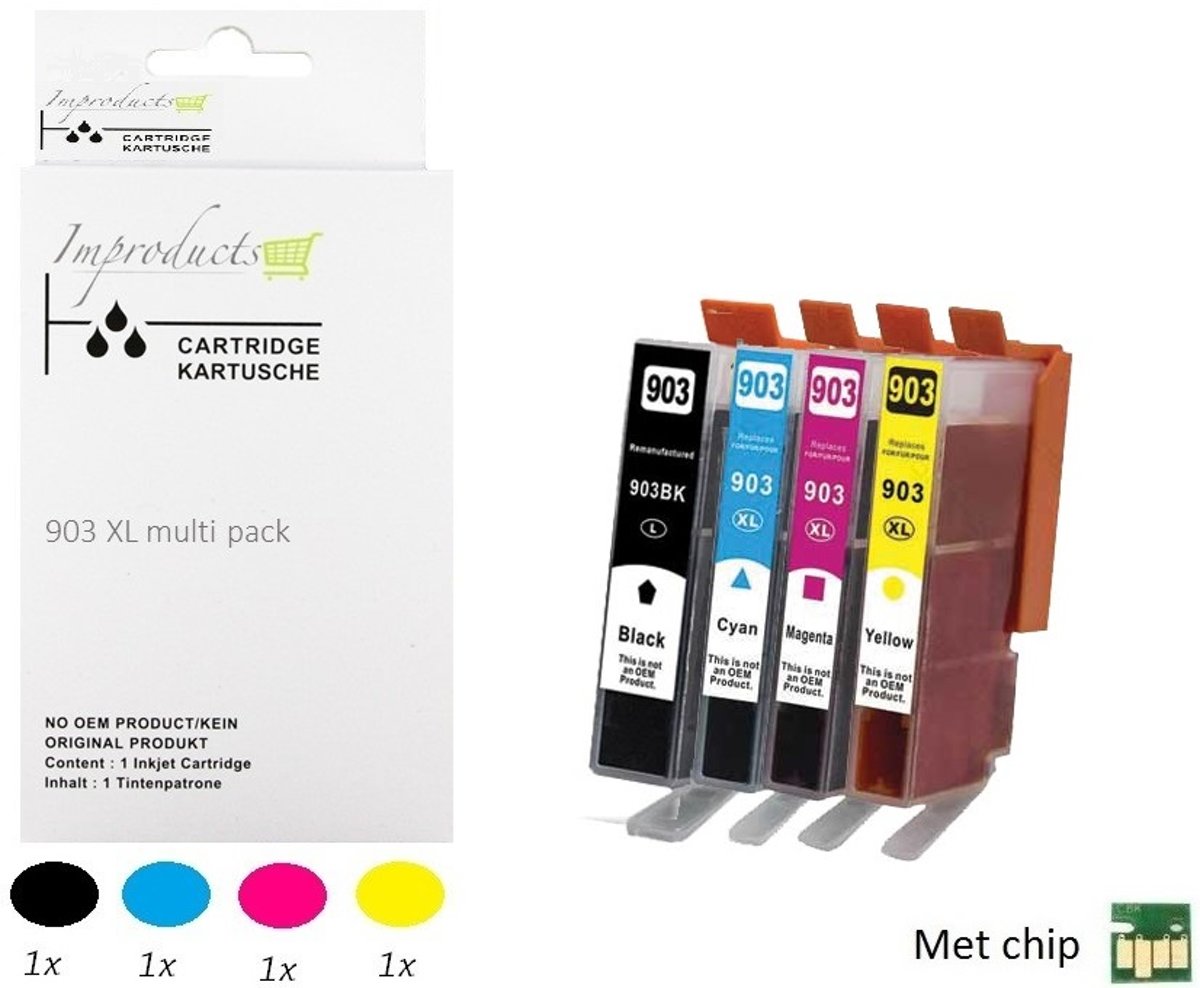 Improducts® Huismerk Inktcartridge Alternatief Hp 903 L / XL 903XL serie 1x zwart L 1x cyaan XL 1x magenta XL 1x geel XL MET CHIP  = 1x complete set