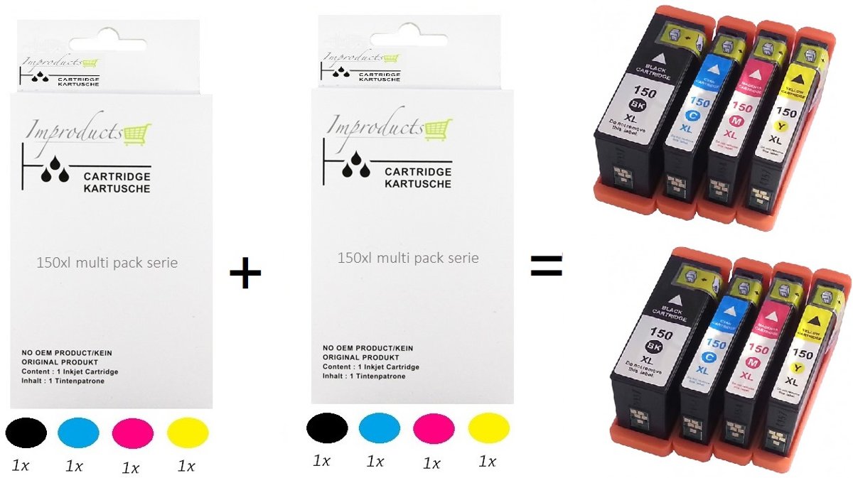 Improducts® Huismerk Inktcartridge Alternatief Lexmark 150 XL 150XL serie 2x zwart 2x cyaan 2x magenta 2x geel MET CHIP - 2 set