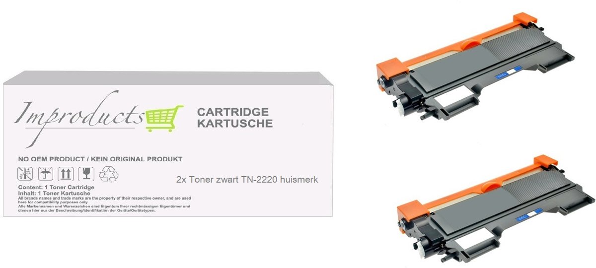 Improducts® Huismerk Toner Alternatief Brother TN2220 / TN-2220 TN-2210 / TN2210 zwart hoge inhoud 2x toner zwart