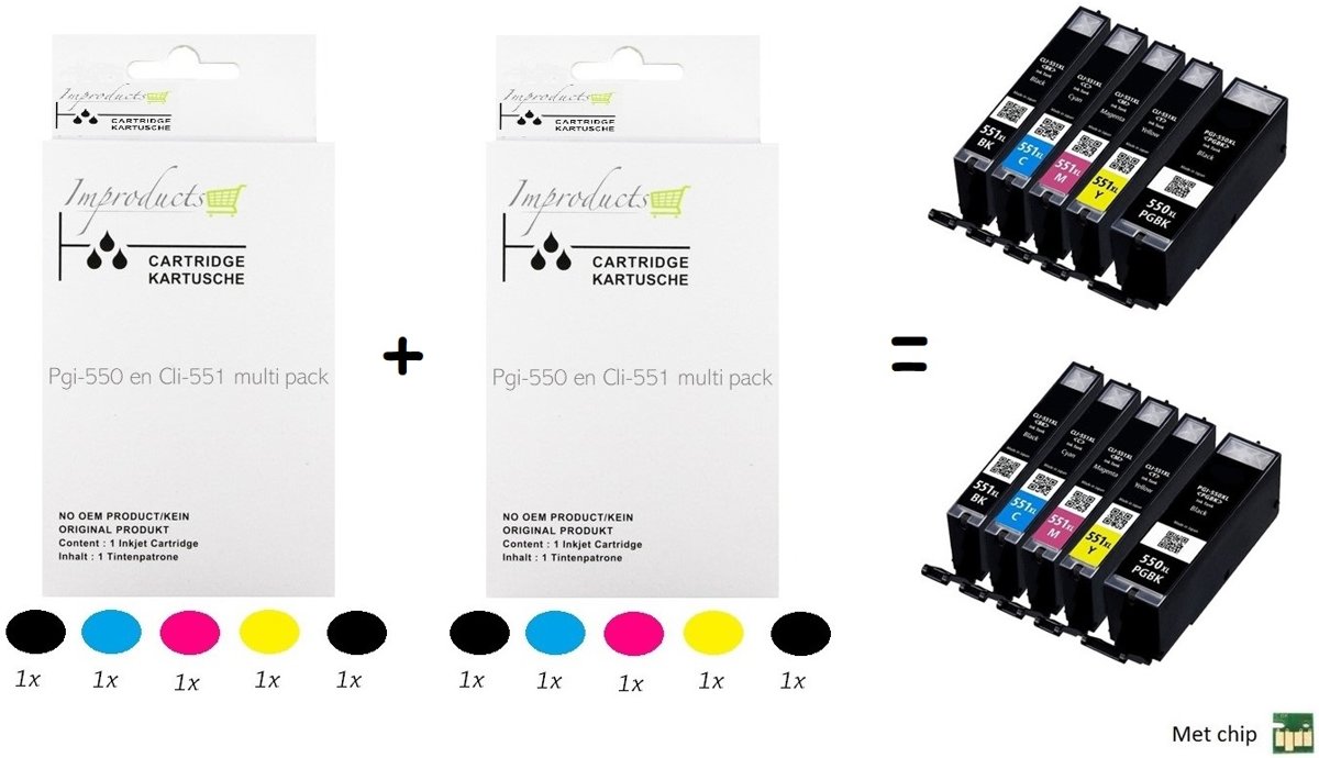 Improducts® Inktcartridge Alternatief - Canon PGI-550 / CLI-551 XL inktcartridge 2 Canon PGI-550 PGBK zwart, 2 Canon CLI551 BK zwart, 2 Canon CLI551 cyaan, 2 Canon CLI-551 M magenta, 2 Canon CLI-551 Y geel 10 box met Chip