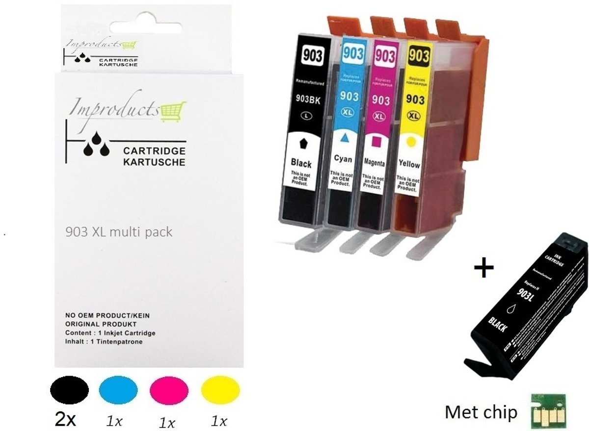 Improducts® Inktcartridge Alternatief Hp 903 XL 903XL XXL serie 2x zwart 1x cyaan 1x magenta 1x geel MET CHIP totaal 5 stuks