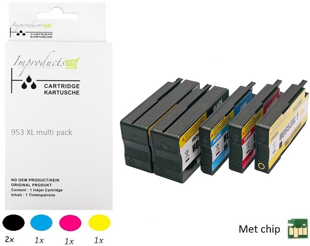 Improducts® Inktcartridge Alternatief Hp 953 XL 953XL XXL serie 2x zwart 1x cyaan 1x magenta 1x geel MET CHIP totaal 5 stuks