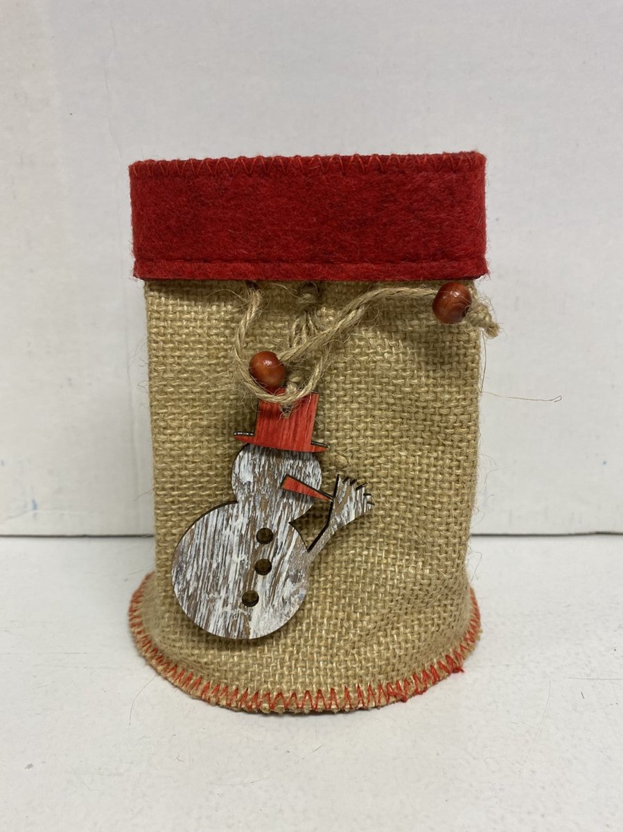 Jute Kerst zakje - Sneeuwpop - Kerstdecoratie - 14x12x0.5cm- Seizoens decoratie