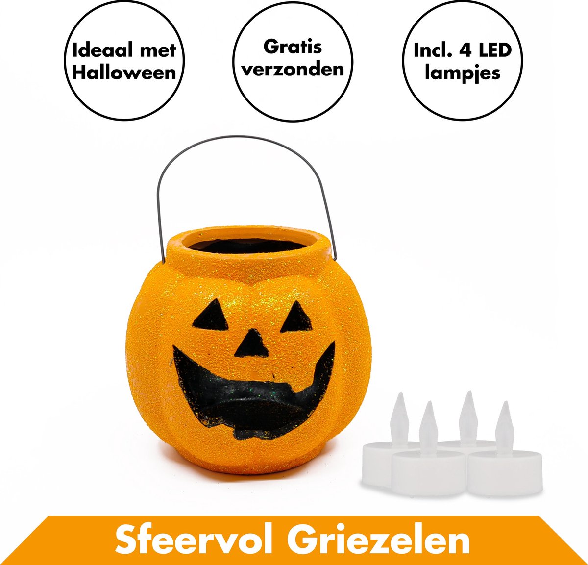 Luxe Halloween Pompoen Lantaarn – Oranje – Pompoenen met LED Licht – Helloween Decoratie / Versiering – Theelichthouder – Kandelaars Verlichting – Accesoires – Lampjes / Lichtjes / Lamp