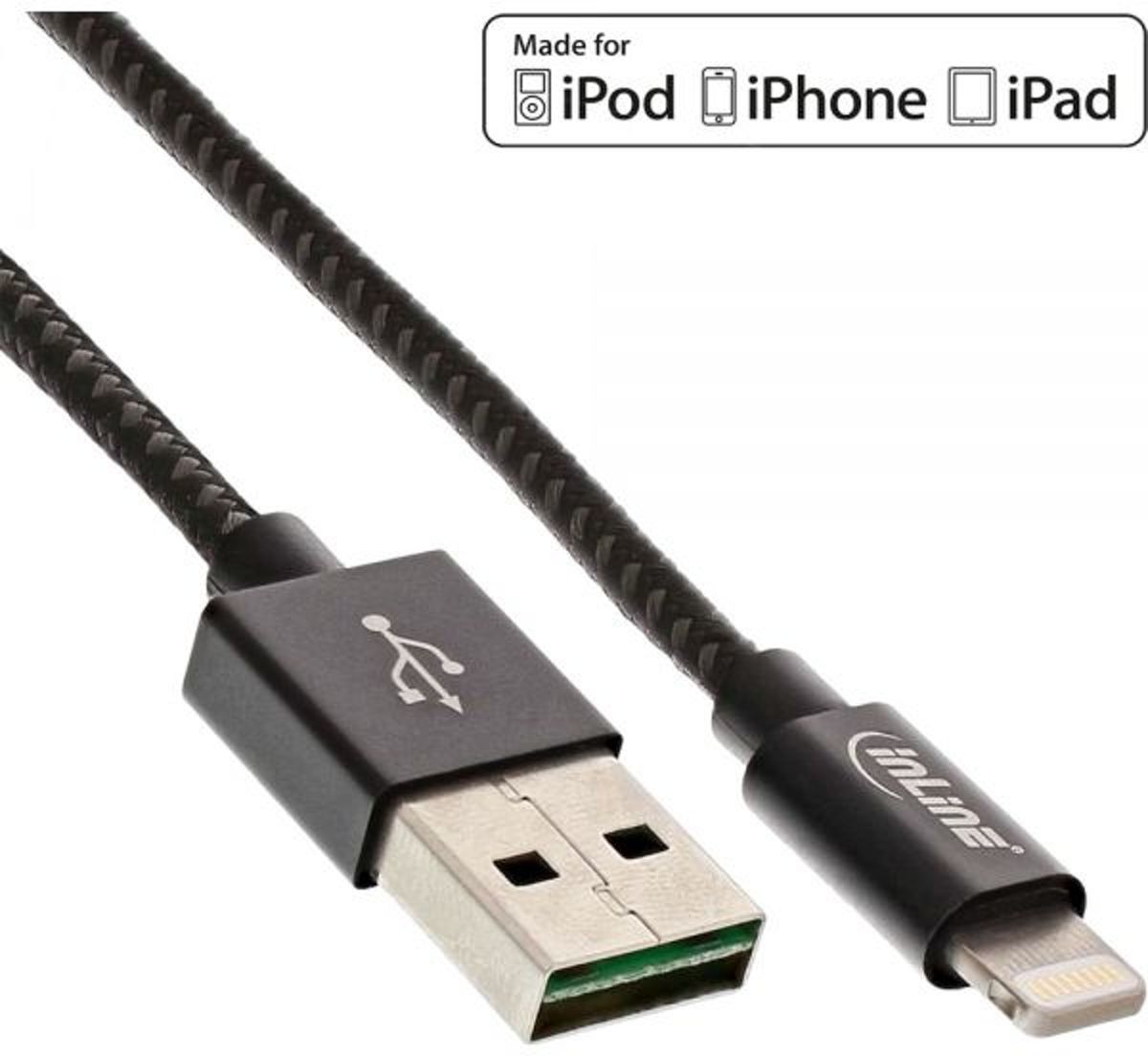 InLine Lightning naar USB kabel - zwart - 2 meter