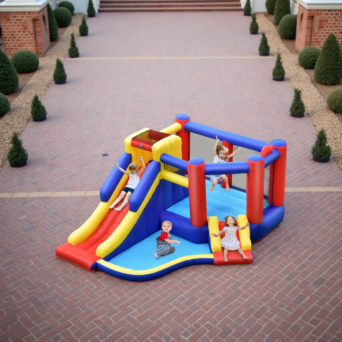 Industrialhome Opblaasbaar Springkasteel XXL – 383x313x182 cm – Inclusief Glijbaan, Ballenbak, Basketbalring & Accessoires – Voor 3-4 Kinderen – Tuin Speelparadijs – Vanaf 3 Jaar