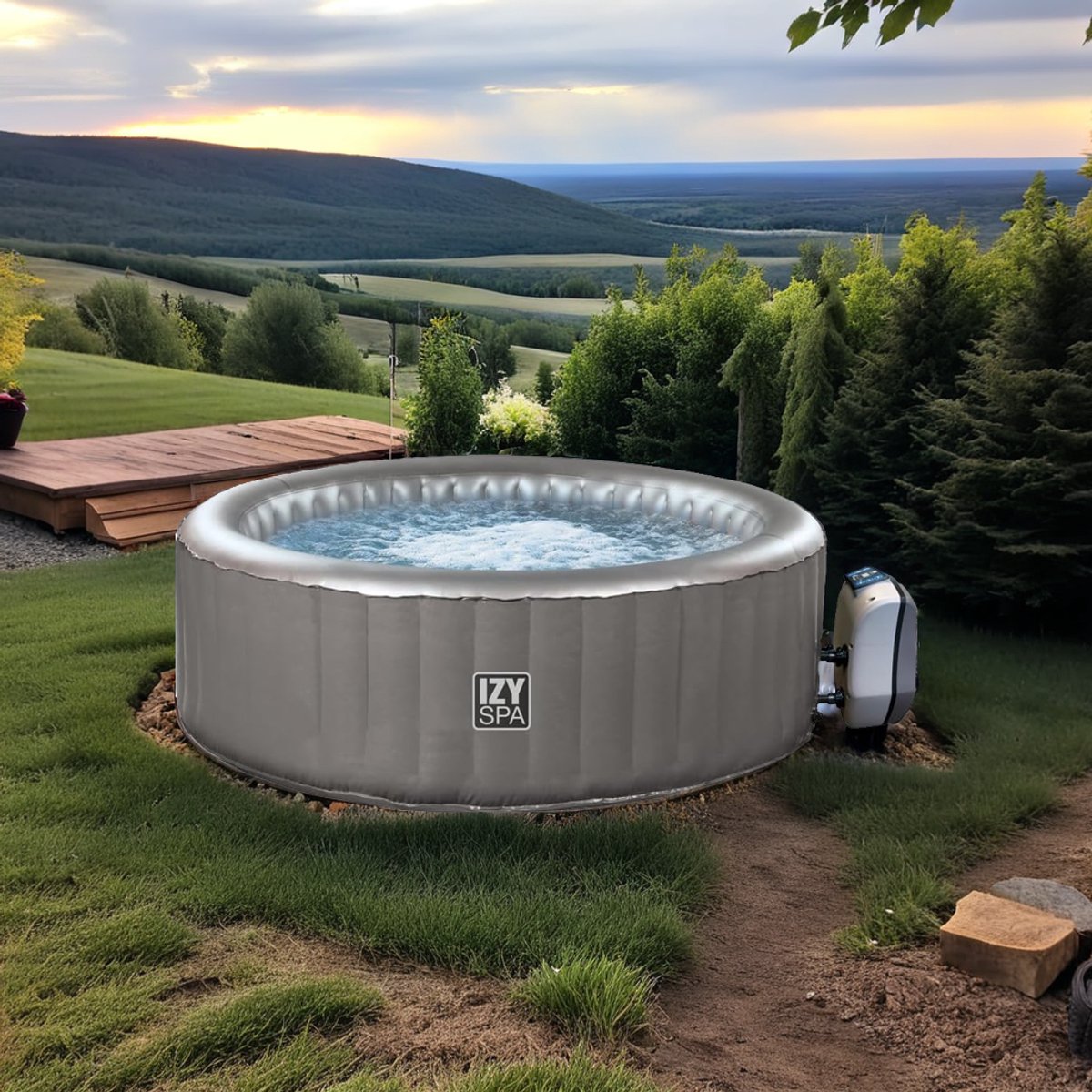 Jacuzzi Opblaasbaar 3 Persoons – Rond – 100 Massagejets – 650L – Ø165 cm – Bubbelbad / Hottub / Spa voor Binnen & Buiten – Inflatable Hot Tub met Accessoires – Grijs