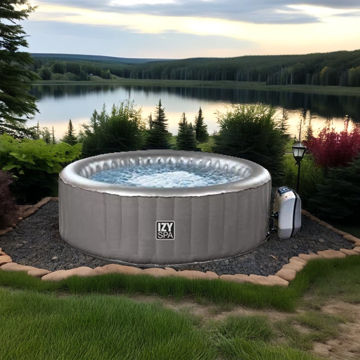 Opblaasbare Jacuzzi 3-Persoons – Spa 165x165x70 cm – 650L – 100 Jets – Met Grondzeil & Luxe Afdekhoes – Rond – Taupe Grijs – Industrialhome