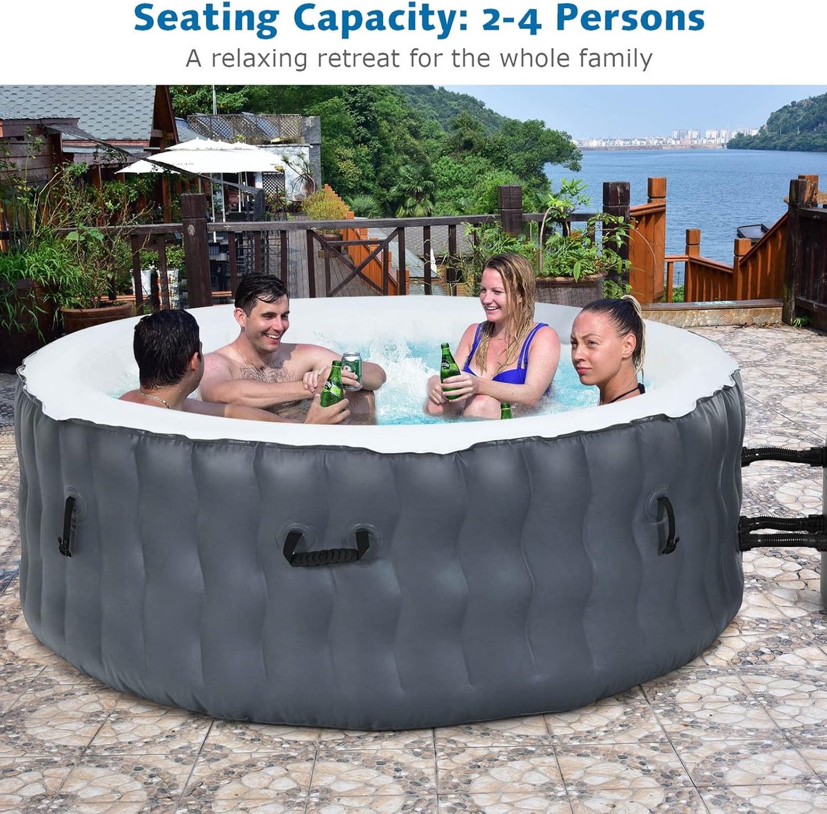 Opblaasbare Jacuzzi Bubbelbad Spa 4-Persoons – Industrial Home Luxe Ronde Spa 180x68 cm – 108 Massage Bubbeljets – Verwarmde Portable Spa voor Binnen & Buiten – Met Cover, Grondzeil, Filter & Pomp – Snelle Verwarming – Grijs