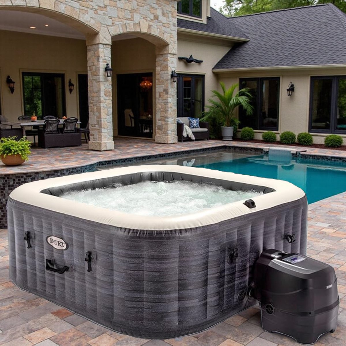 Opblaasbare Whirlpool Vierkant 175x175x71 cm - Voor 4 Personen - 140 Bubbeljets - LED & Verwarming - Luxe Jacuzzi voor Buiten & Binnengebruik - Zelfopblazend Spa Bad met Filter & Hardwaterbehandeling