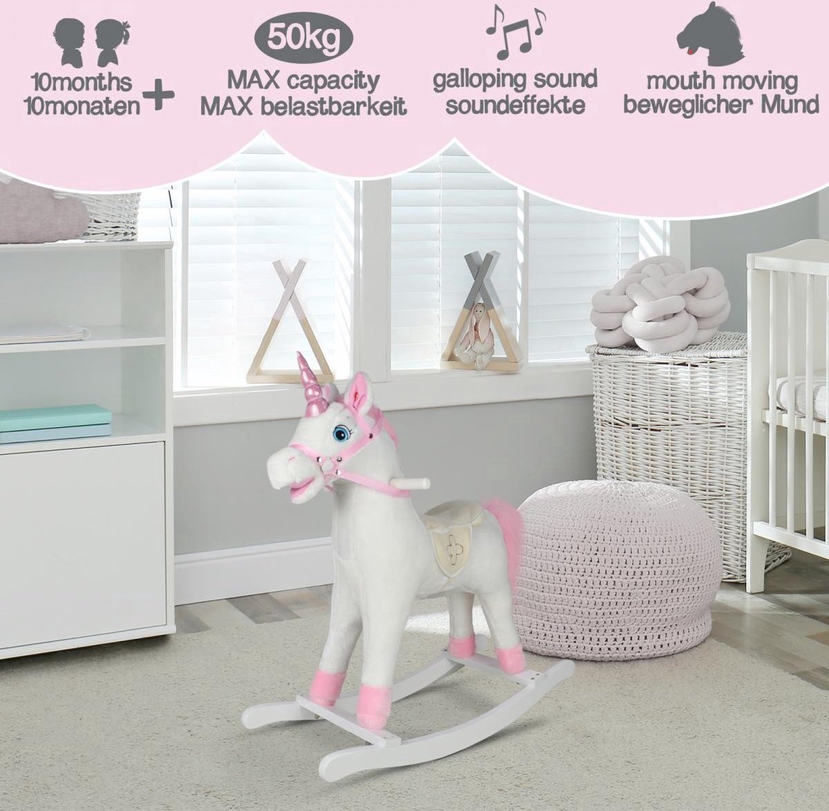 Hobbelpaard voor Kinderen - Schommelpaard Pink Unicorn - Stevige Constructie - Knuffelzacht met Geluidseffecten - Roze Eenhoorn