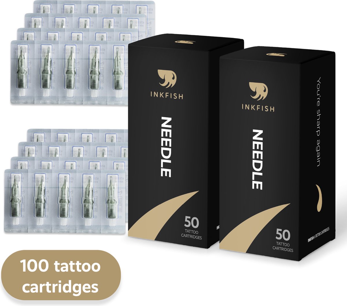 Inkfish® 100 Stuks Professionele Tattoo Naalden - Complete Set voor Tattoo Machine, Inkt, PMU, Stick and Poke - Cartridge Needles - Geschikt voor Beginner & Gevorderden - Zwart, Gun en Verzorging