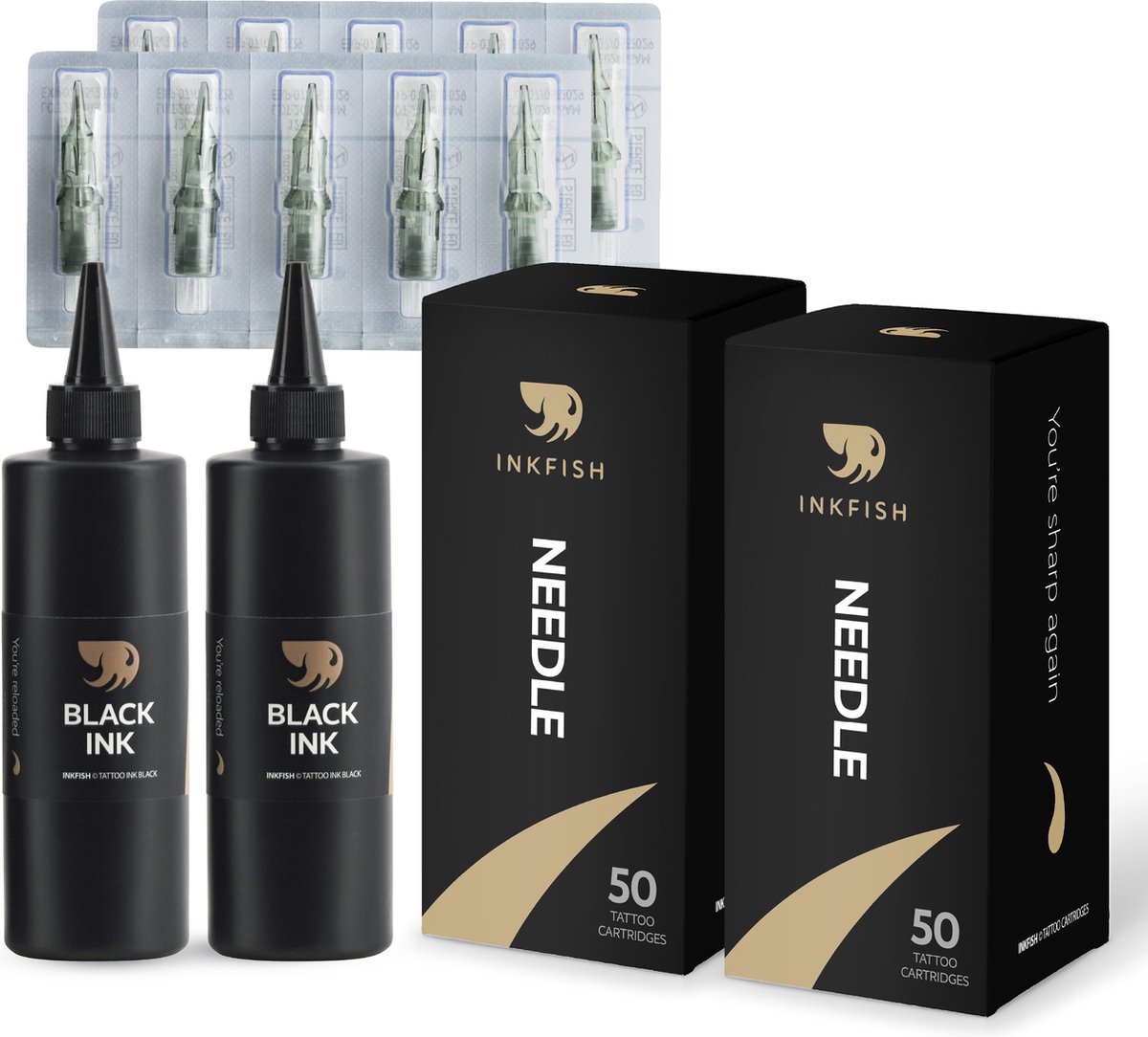 Inkfish® 2x 250 ML Zwart Tattoo inkt en 2x 50 Tattoo Naalden - Voor Tattoo Machines en Sets - Zwart - Kit Voor Beginner Set - Compleet - Verzorging - Gun - Stick en Poke - Cartridges - Needles