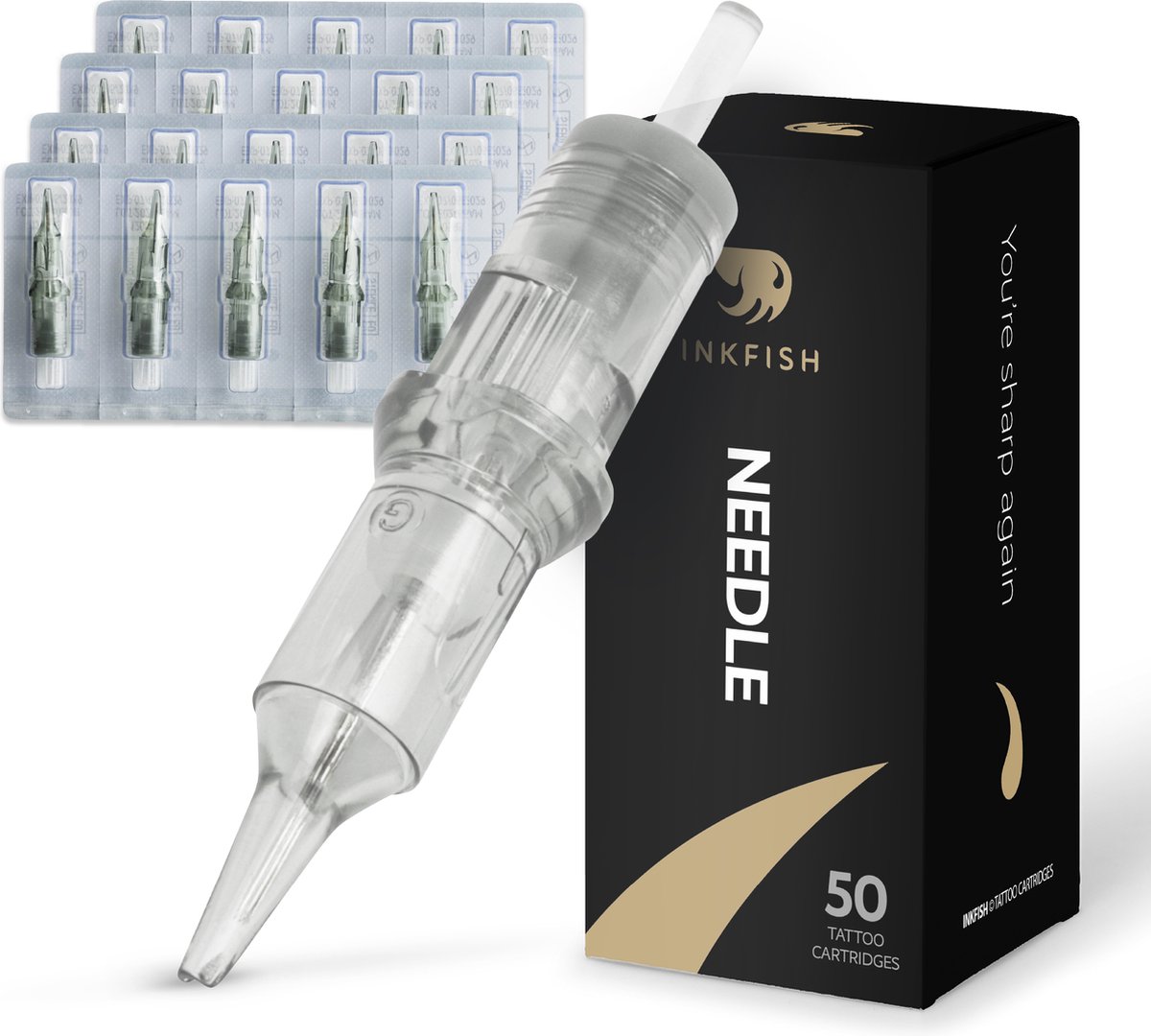 Inkfish® 50 Stuks Professionele Tattoo Naalden - Complete Set voor Tattoo Machine, Inkt, PMU, Stick and Poke - Cartridge Needles - Geschikt voor Beginner & Gevorderden - Zwart, Gun en Verzorging