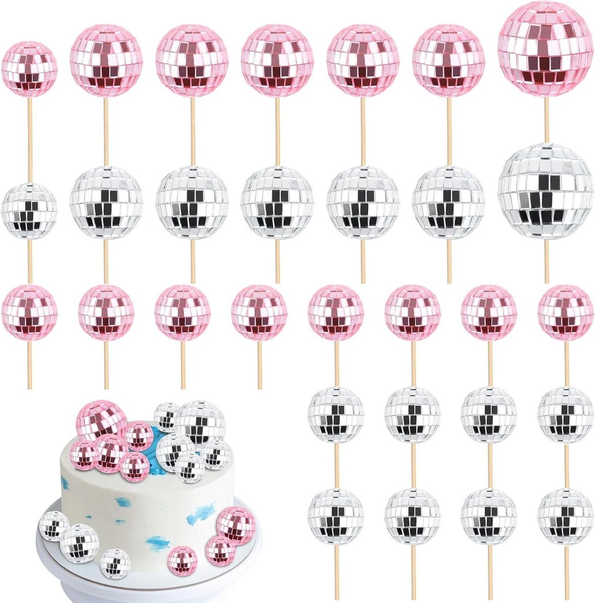   - 30 stuks mini-discobal cupcaketoppers - glanzende disco balplectrums - themafeestbenodigdheden - retro taartdecoraties - verjaardagsdecoraties (roze zilver) . -  