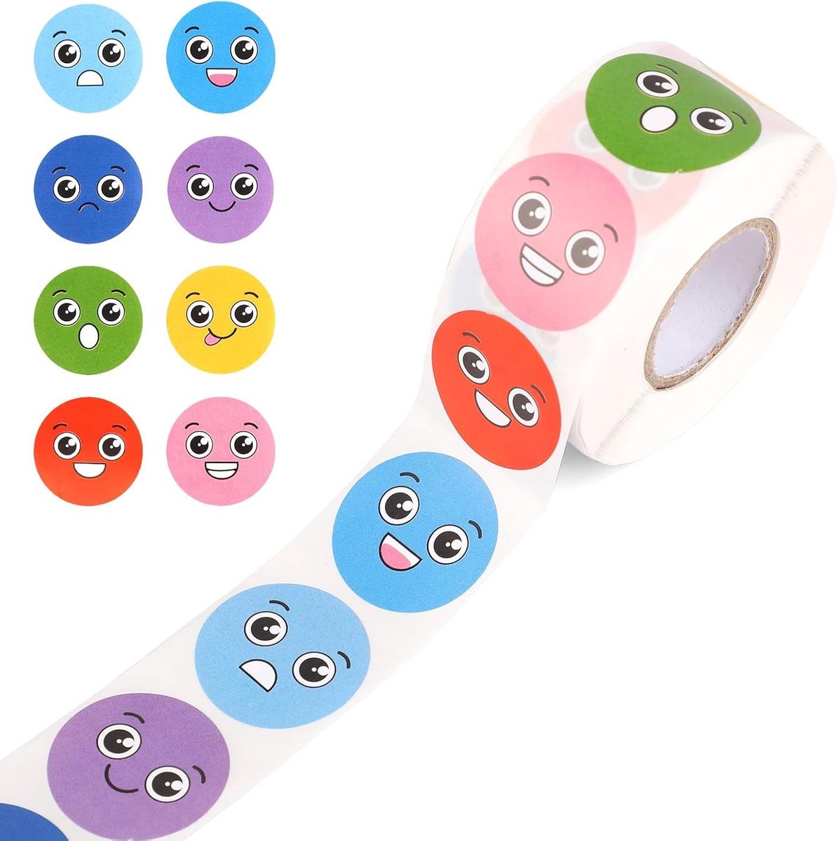 Inovra - 500 stuks kleine glimlachstickers voor kinderen - 25mm ronde smiley stickers rol met 8 schattige stijlen - beloningsstickers voor beloningskaarten in de klas