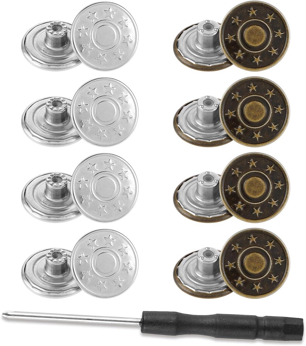   - 8 stuks jeansknopen 20 mm - Herbruikbare broekknopen voor dames en heren met schroevendraaier . -  